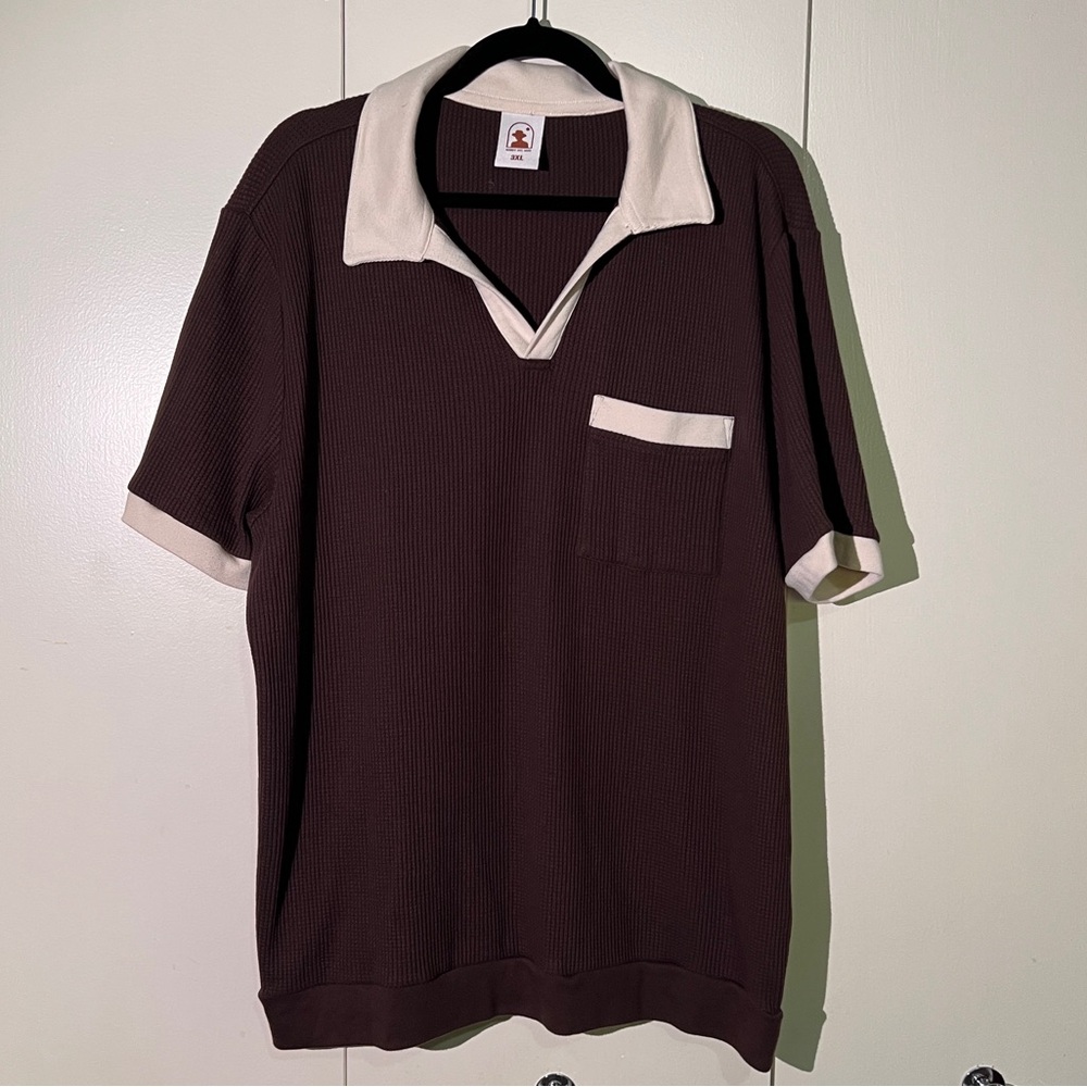 Dandy Del Mar Men's Waffle Brown Polo Shirt with Cream Accents - Like New - 3XL